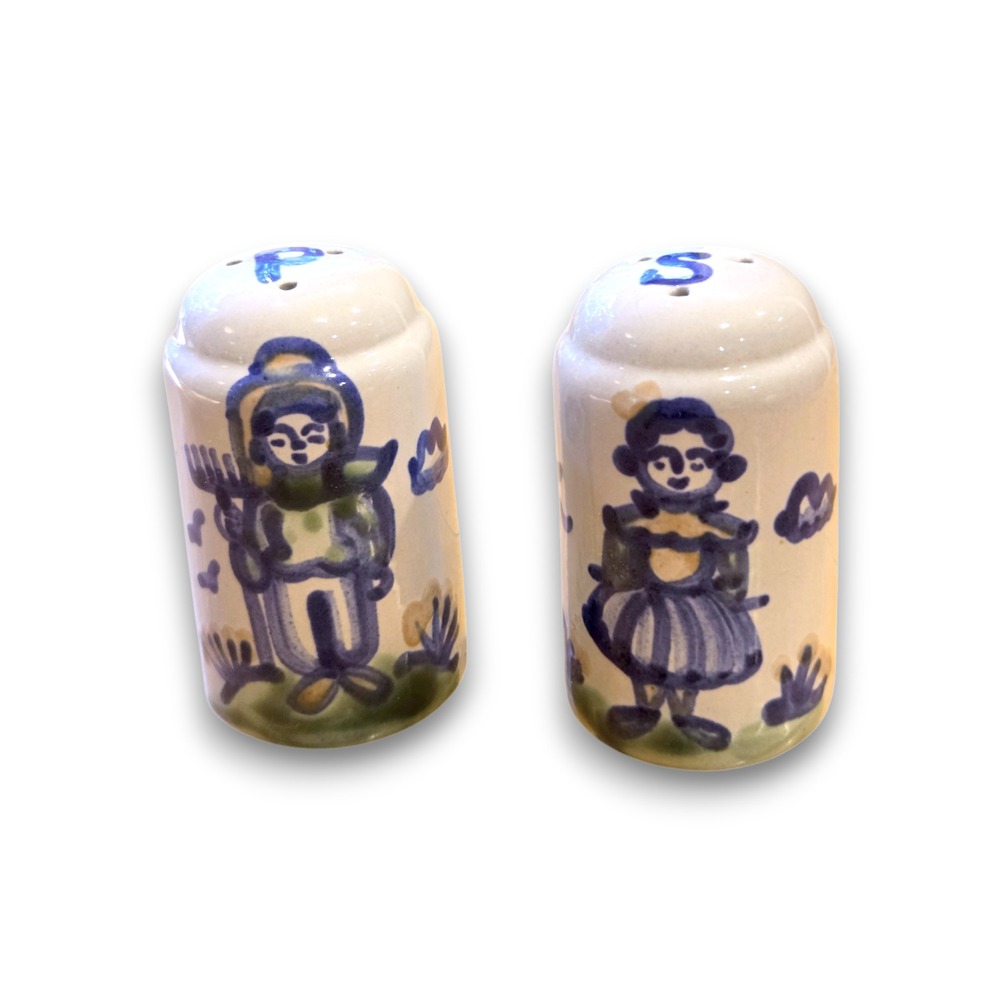 M A Hadley Pottery Salt and Pepper Shaker Set Farmer Husband Wife 3''